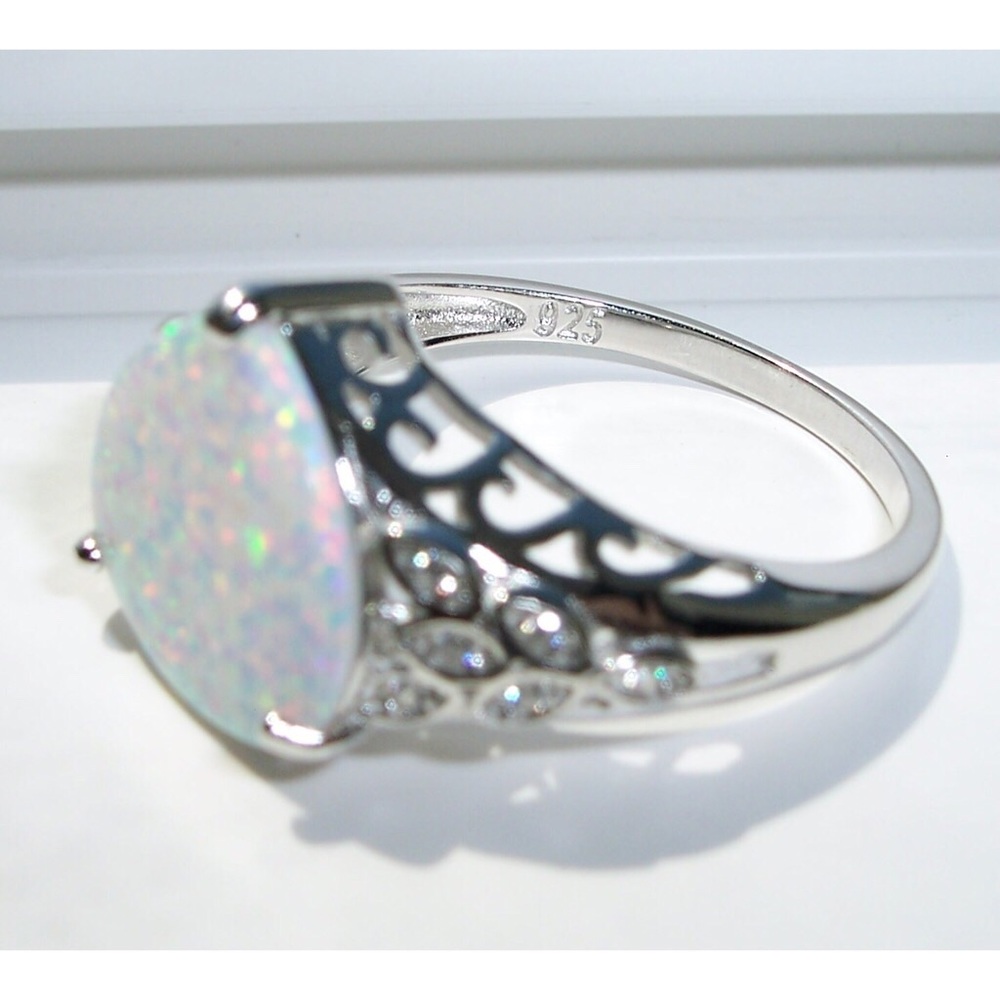 925 STERLING SILVER Lab Created White Fire Opal & CZ Ring - Picture 11 of 16